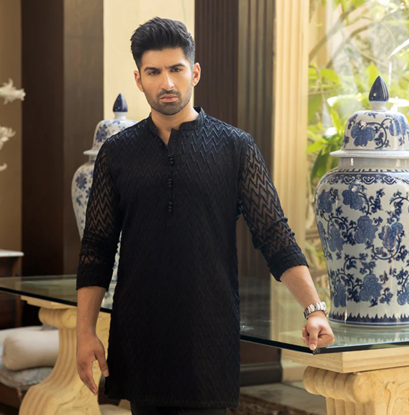 Men's Desi Black self embroidery kurta with row sillk trouser