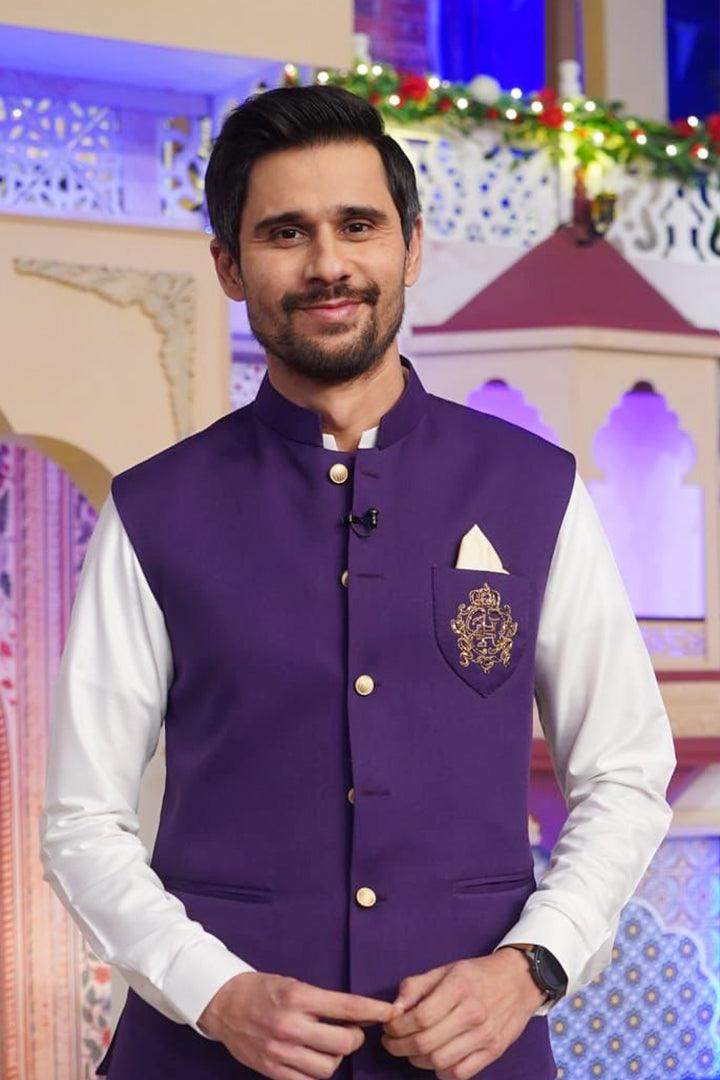 Blue waist coat embroidery logo on pocket