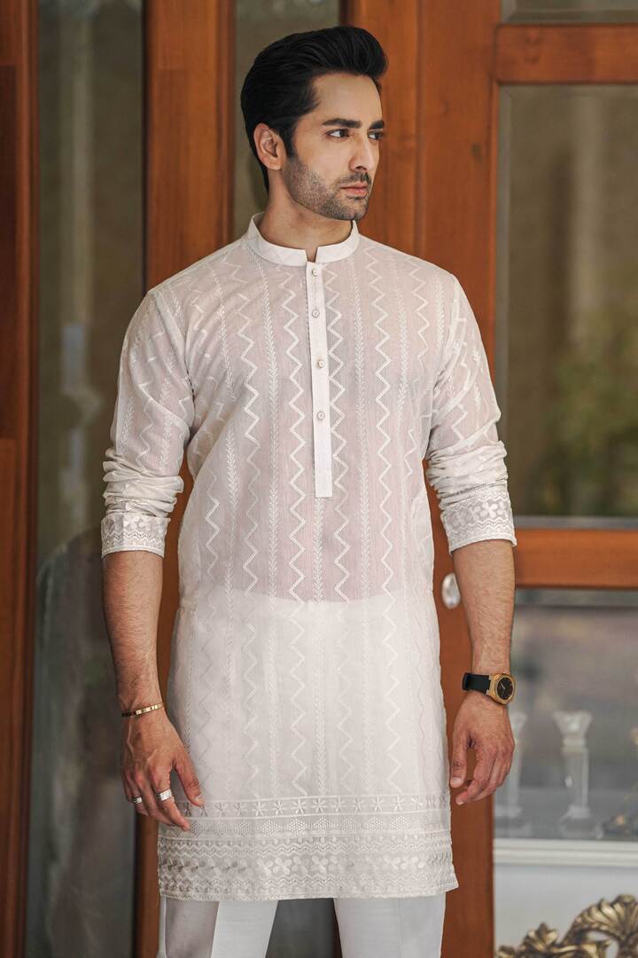 Men's White Sherwani Collar Self Embossed With Border kurta pyjama set