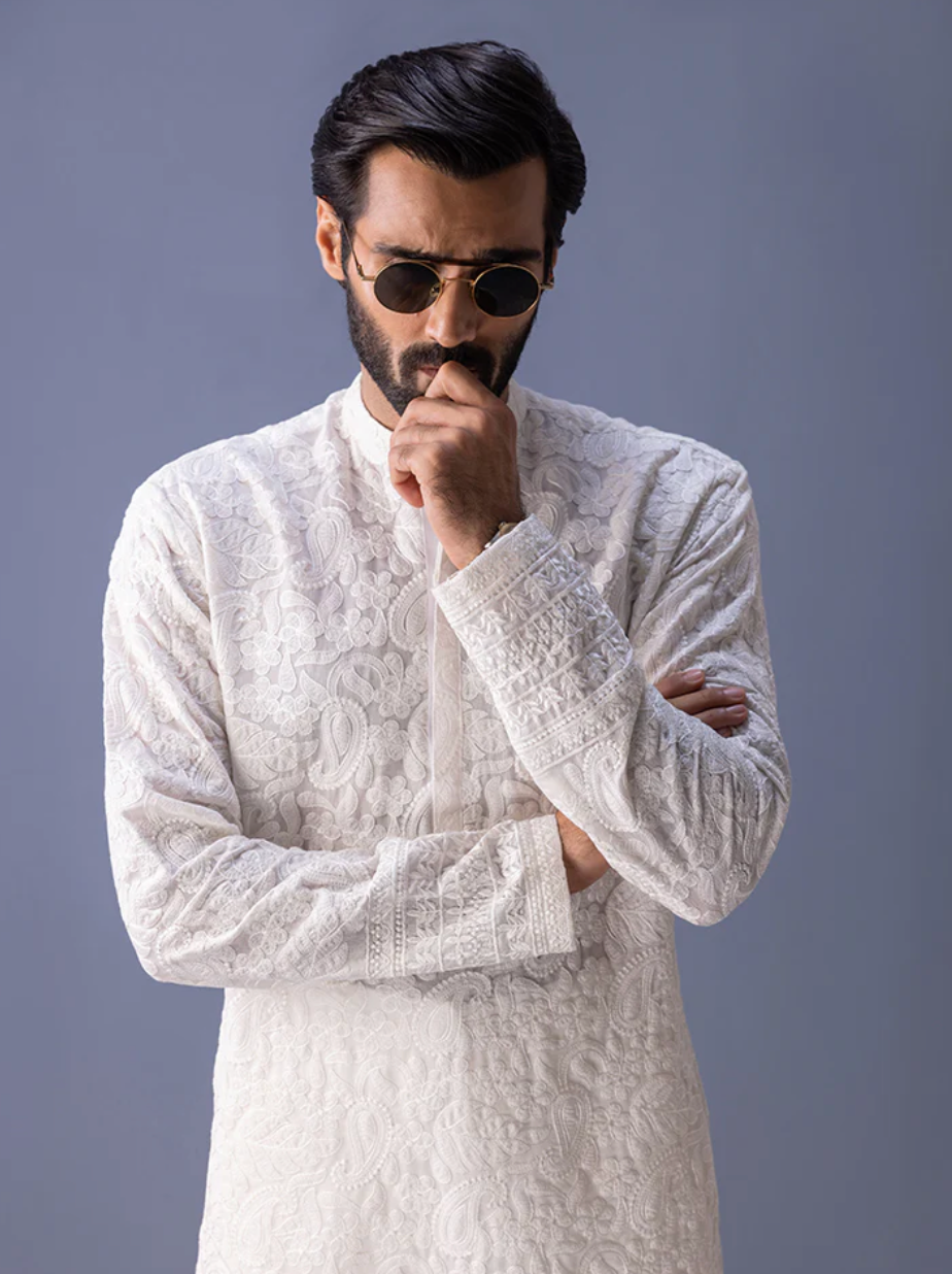 Men's White Embroidery Kurta pajama