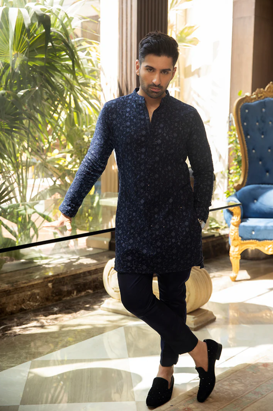 Navy blue embrdry kurta with sequence detail