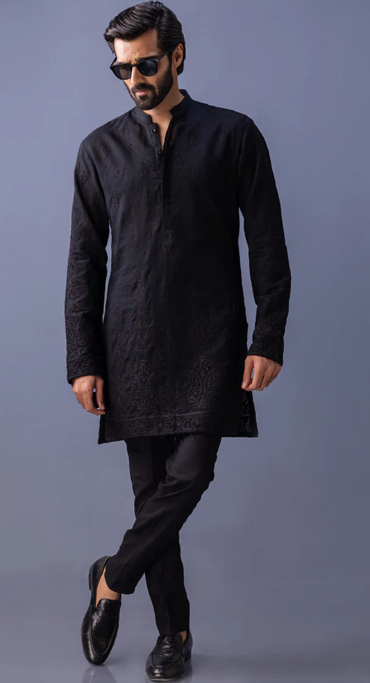 Men's Black Embroidery kurta with Black Pajama