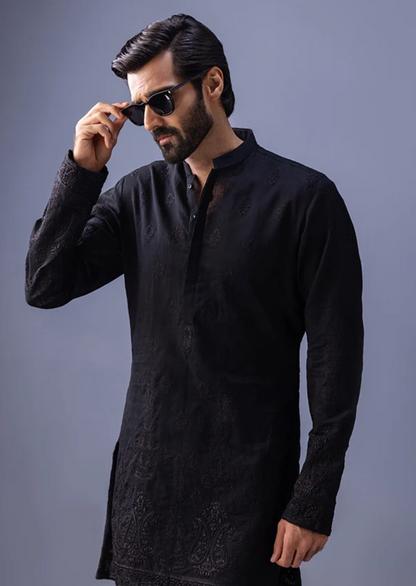 Men's Black Embroidery kurta with Black Pajama