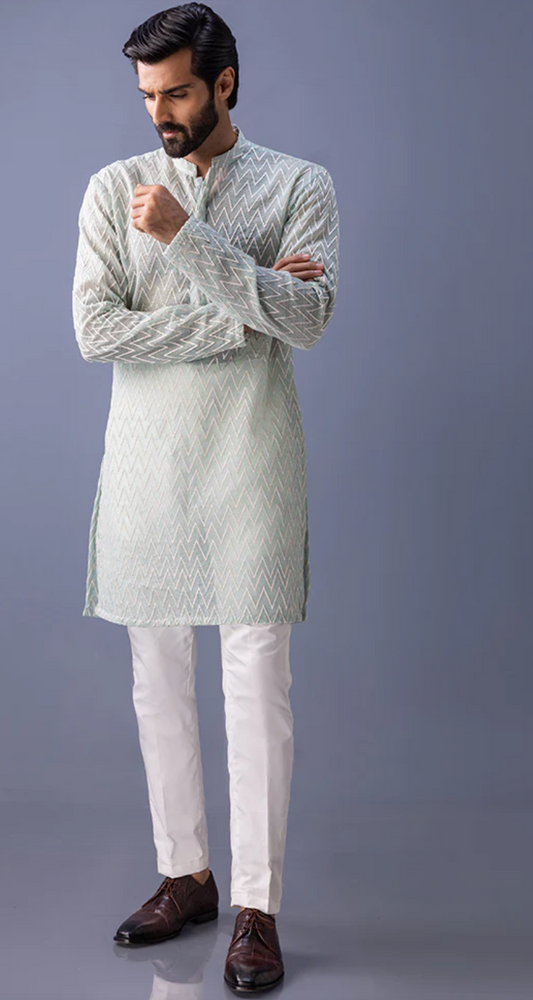 Mount Green Thread Embroidery Kurta with white Pajama