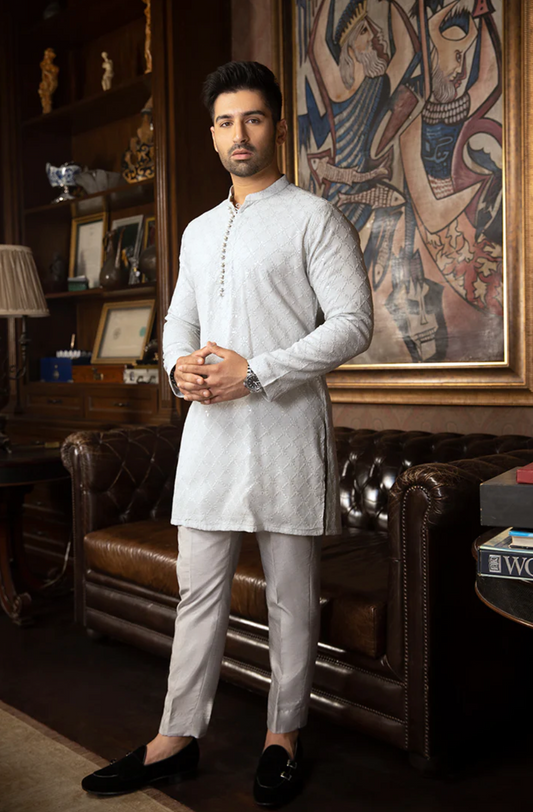 Grey Kurta self embrdry with sequence work detail with row silk trouser