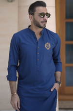 Teal blue kurta pajama with brand logo on chest