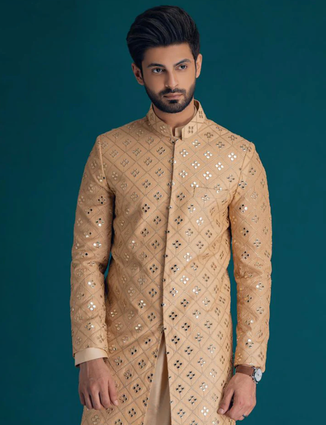 Men's Golden sherwani embroidery with mirror foil work