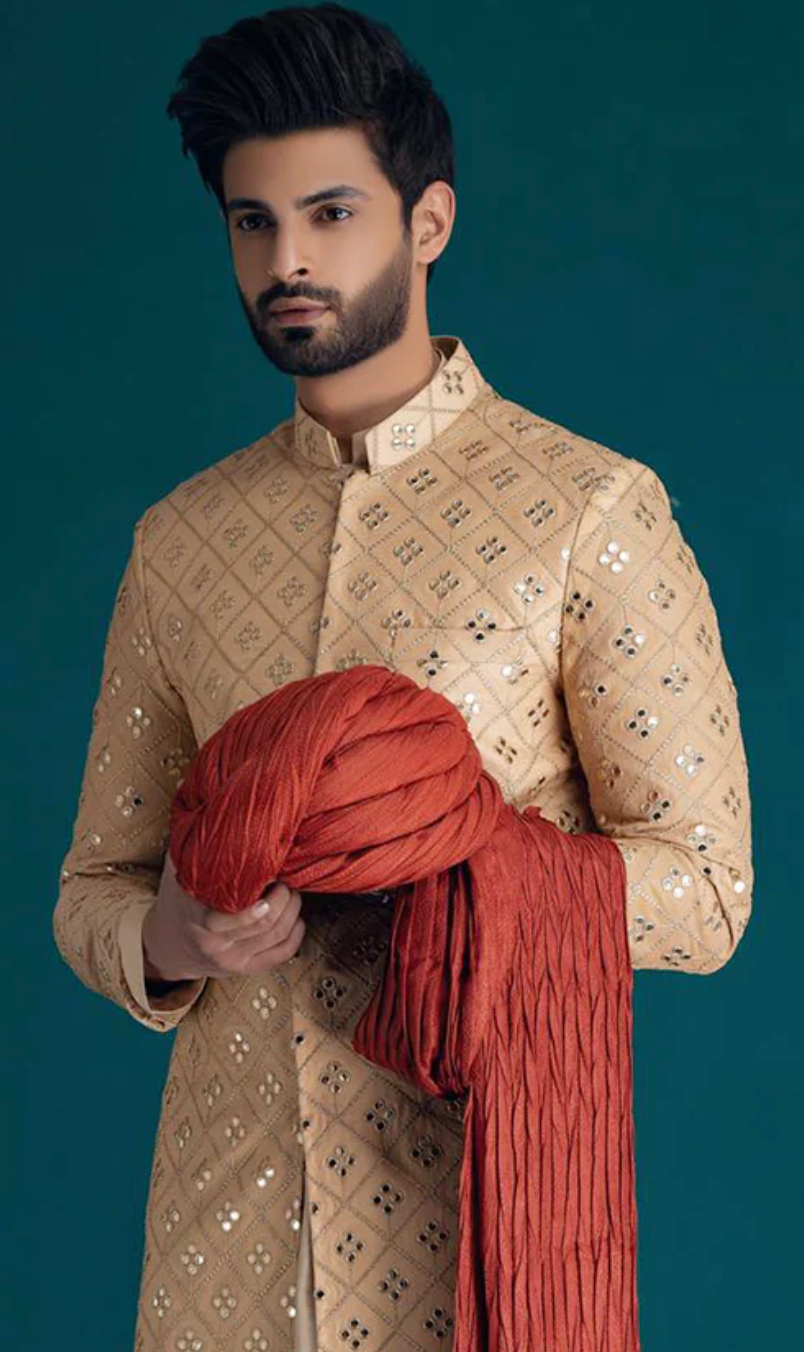 Men's Golden sherwani embroidery with mirror foil work