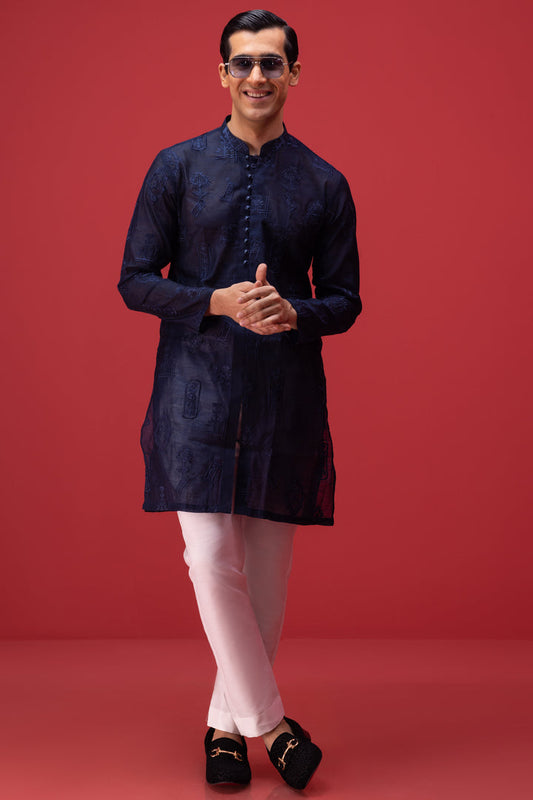 Men's Designer kurta Front open Navy Blue Sherwani collar Self embossed