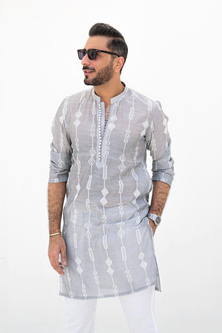 Men's designer kurta Cloud Grey Cotton Silk Kurta Embroidery with Pyjama