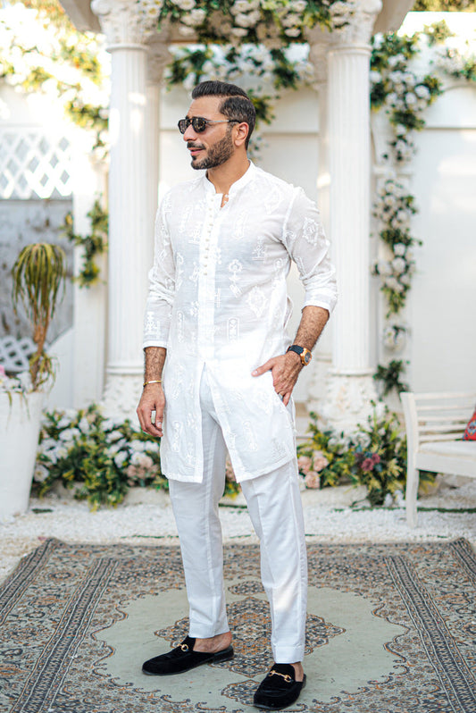 Men's party kurta Front Open Milky White Self Embossed Fabric