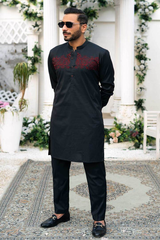 Men's casual Black kurta set Maroon Thread Embroidery Sherwani collar
