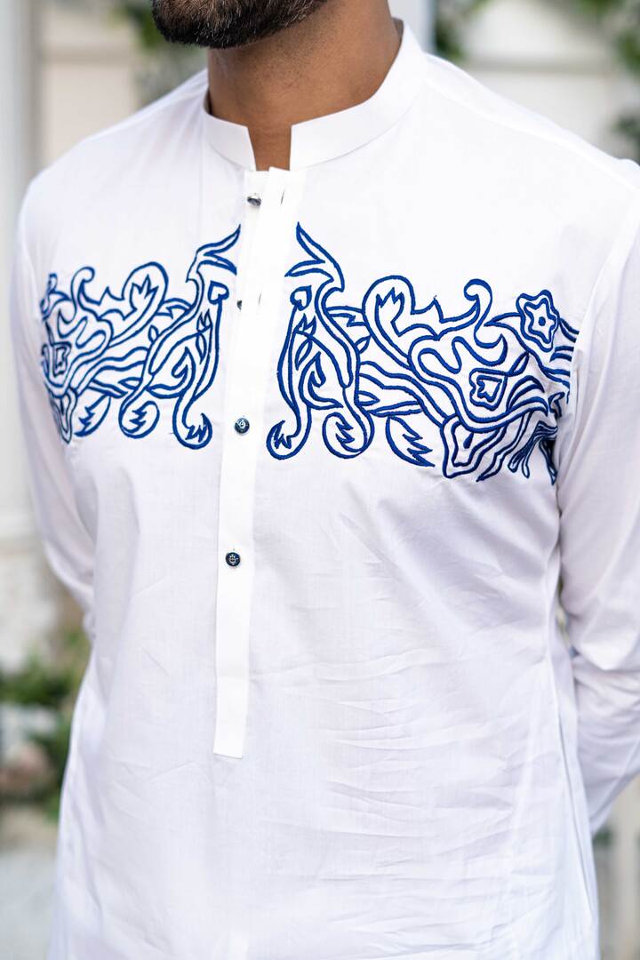 Men's Causal kurta pyjama in White stretchable cotton Navy blue thread embroidery.