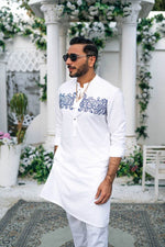 Men's Causal kurta pyjama in White stretchable cotton Navy blue thread embroidery.