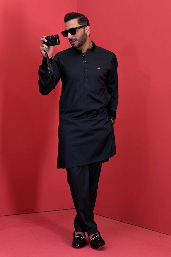 Men's Classic Black stretchable cotton kurta pajama set