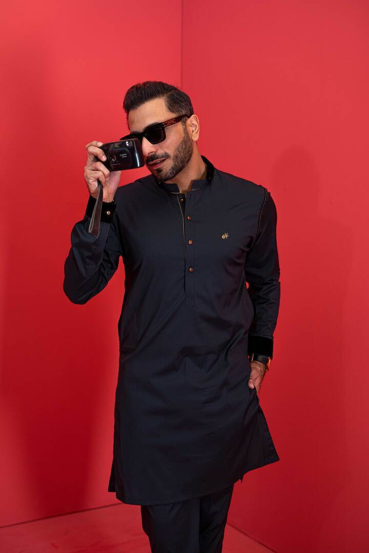 Men's Classic Black stretchable cotton kurta pajama set