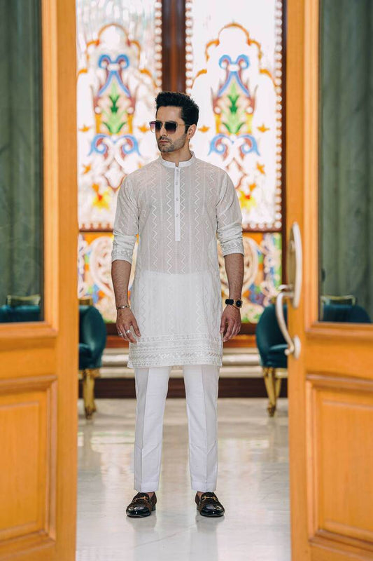 Men's White Sherwani Collar Self Embossed With Border kurta pyjama set