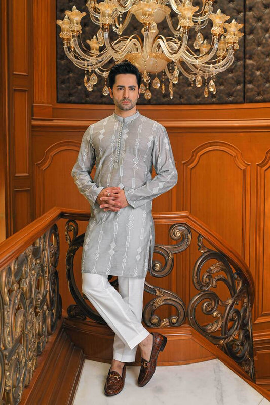 Men's designer kurta Cloud Grey Cotton Silk Kurta Embroidery with Pyjama
