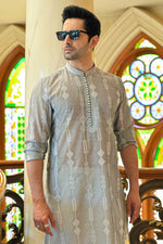 Men's designer kurta Cloud Grey Cotton Silk Kurta Embroidery with Pyjama